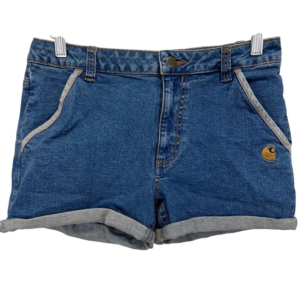 Carhartt Girls‎ Denim Shorts Size 14 Blue Wash Cuffed Pockets Logo